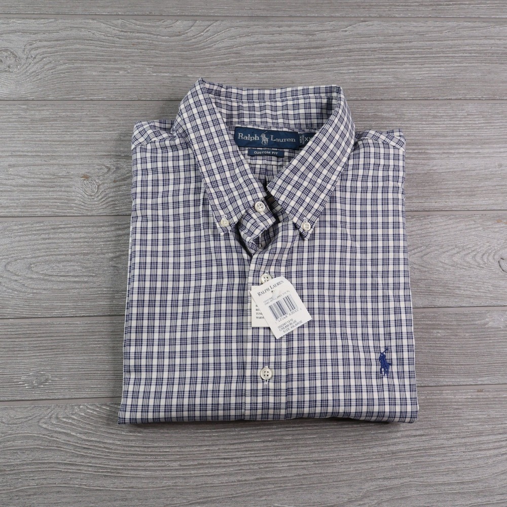 NWT Ralph Lauren Custom Fit Button Down Men's XXL Blue Plaid Cotton